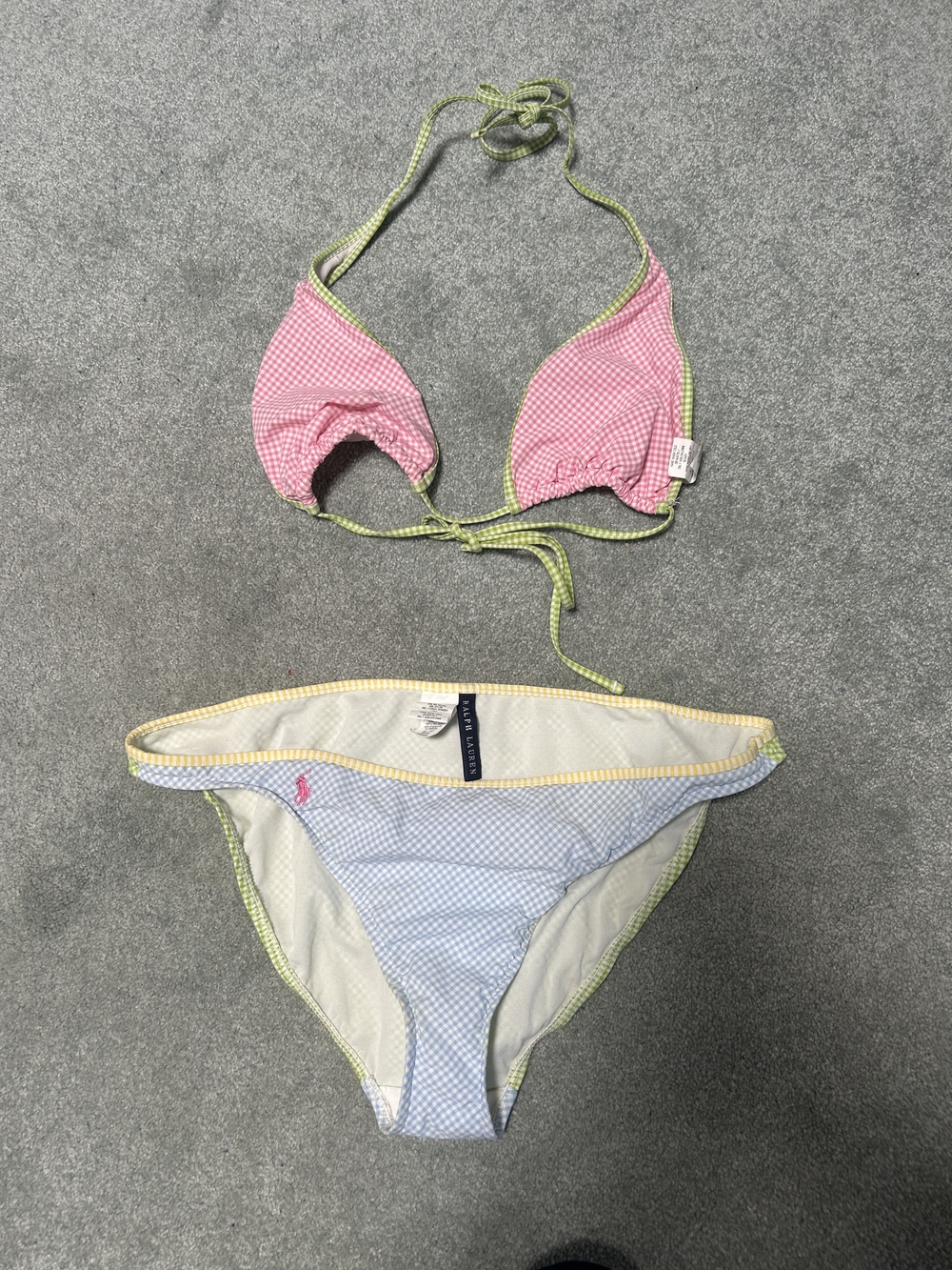 Ralph Lauren Pink & Light Blue Gingham Bikini with Yellow and Green Trim